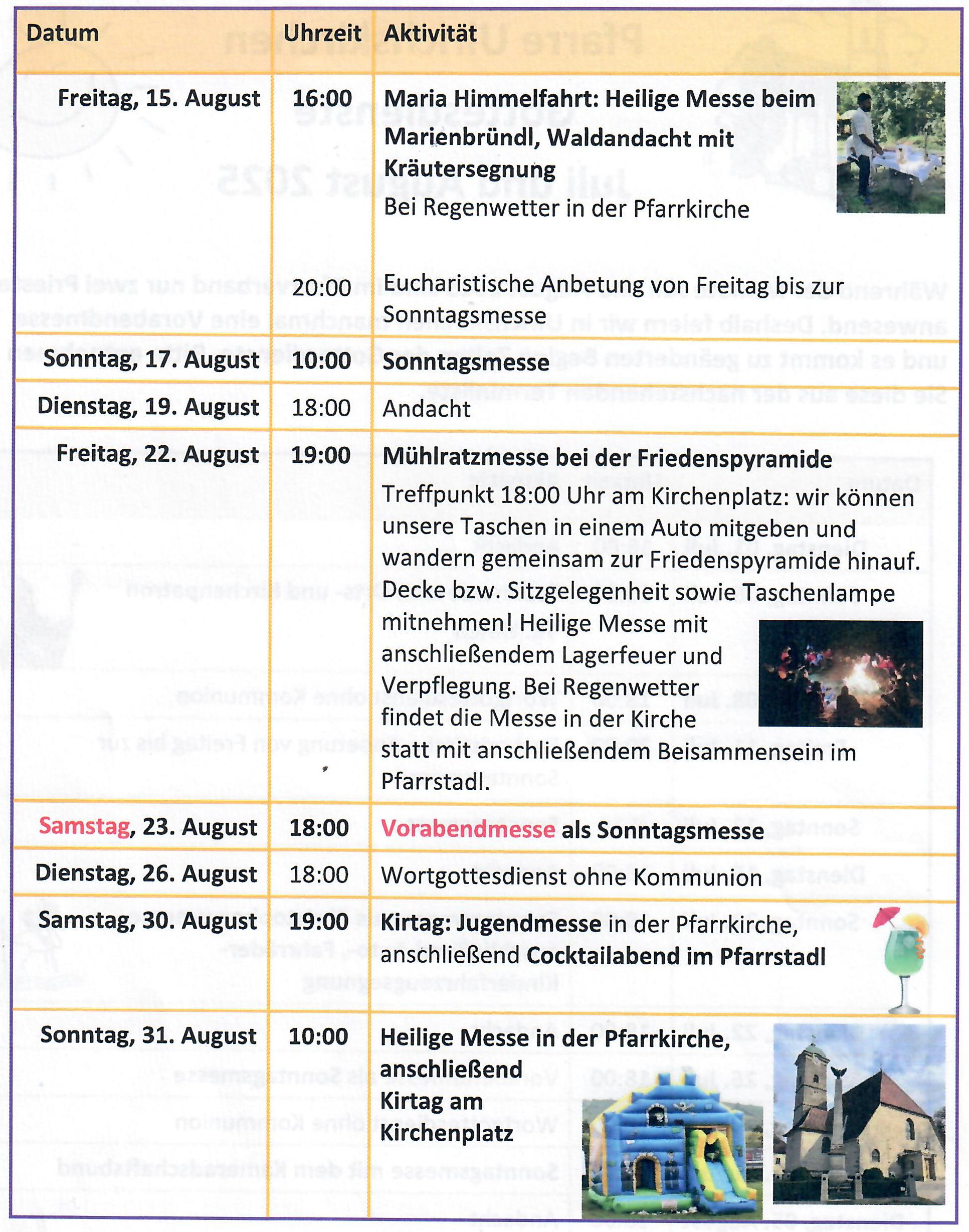 Gottesdienste Juli August